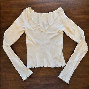 Free People Cream Ribbed Long Sleeve Knit Top